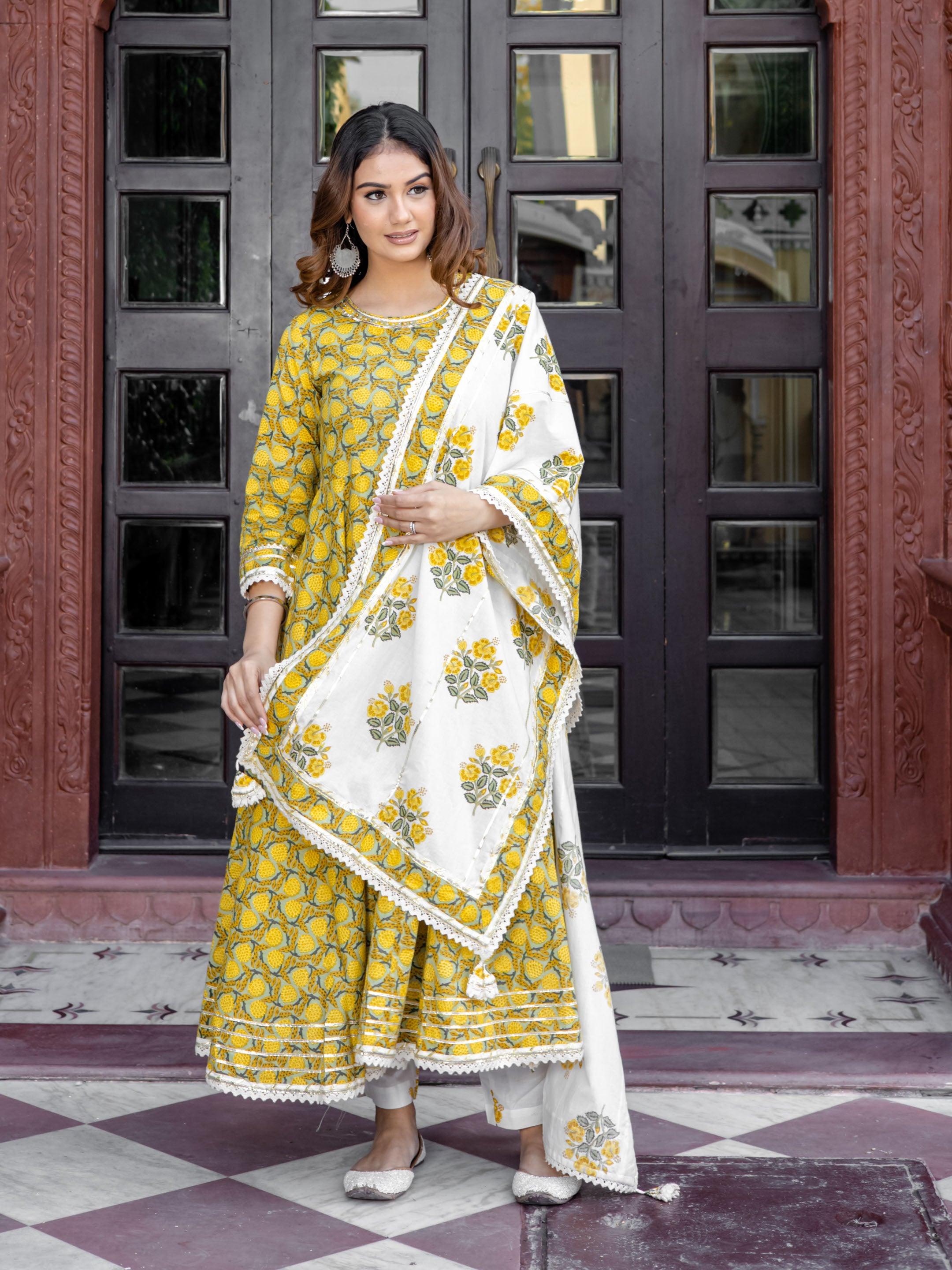  Mustard Cotton Anarkali Kurta Pant Set With Dupatta -  world