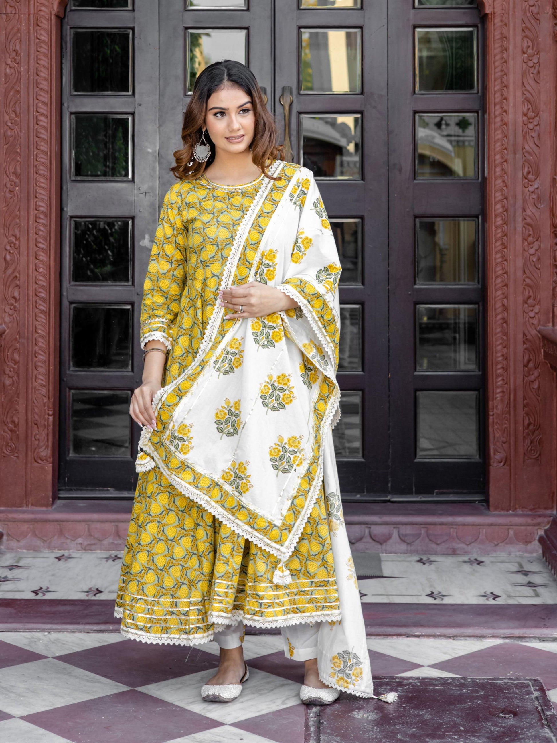  Mustard Cotton Anarkali Kurta Pant Set With Dupatta -  world