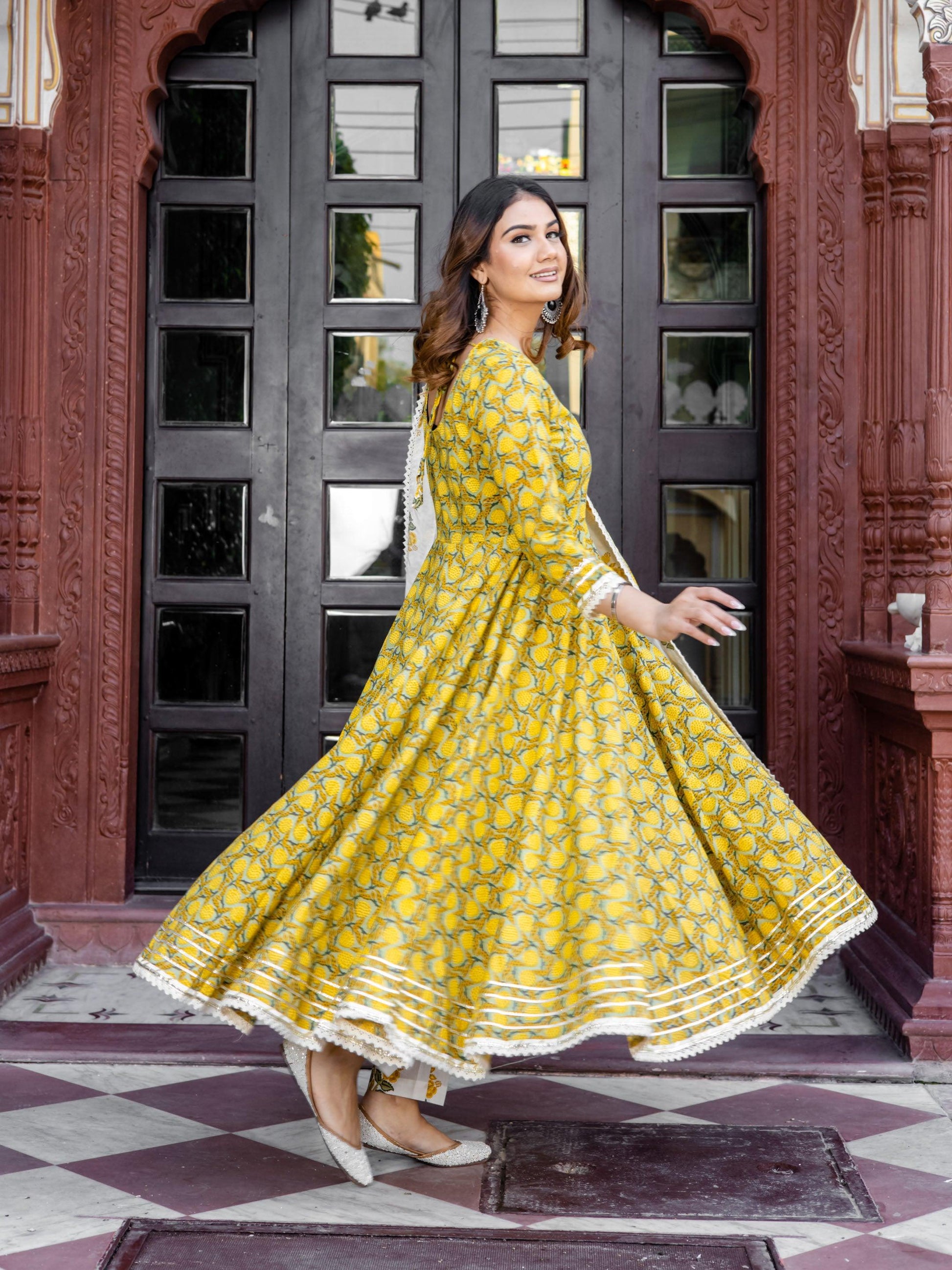  Mustard Cotton Anarkali Kurta Pant Set With Dupatta -  world