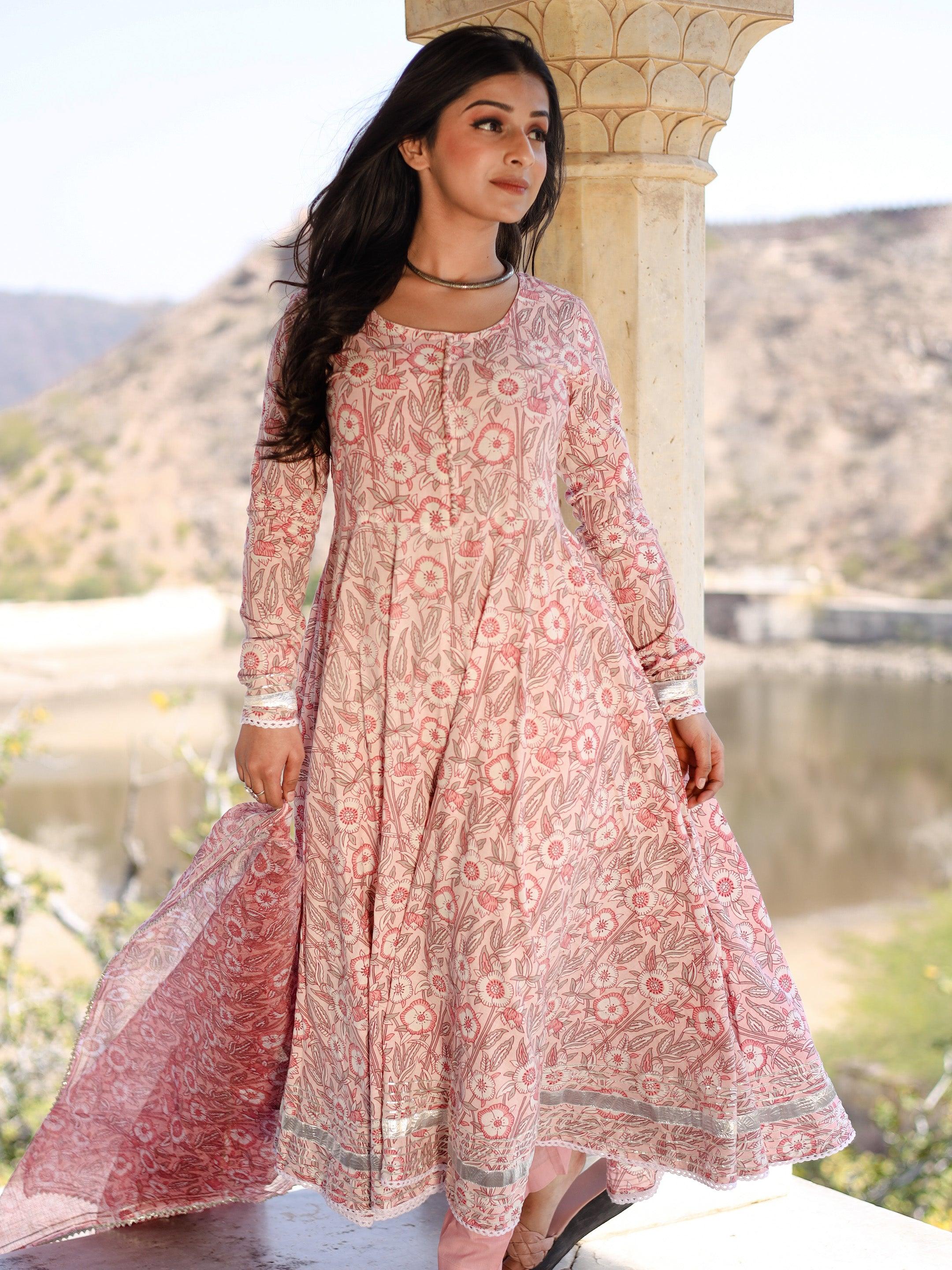  Baby Pink Cotton Anarkali Kurta Pant Set With Dupatta - world.com