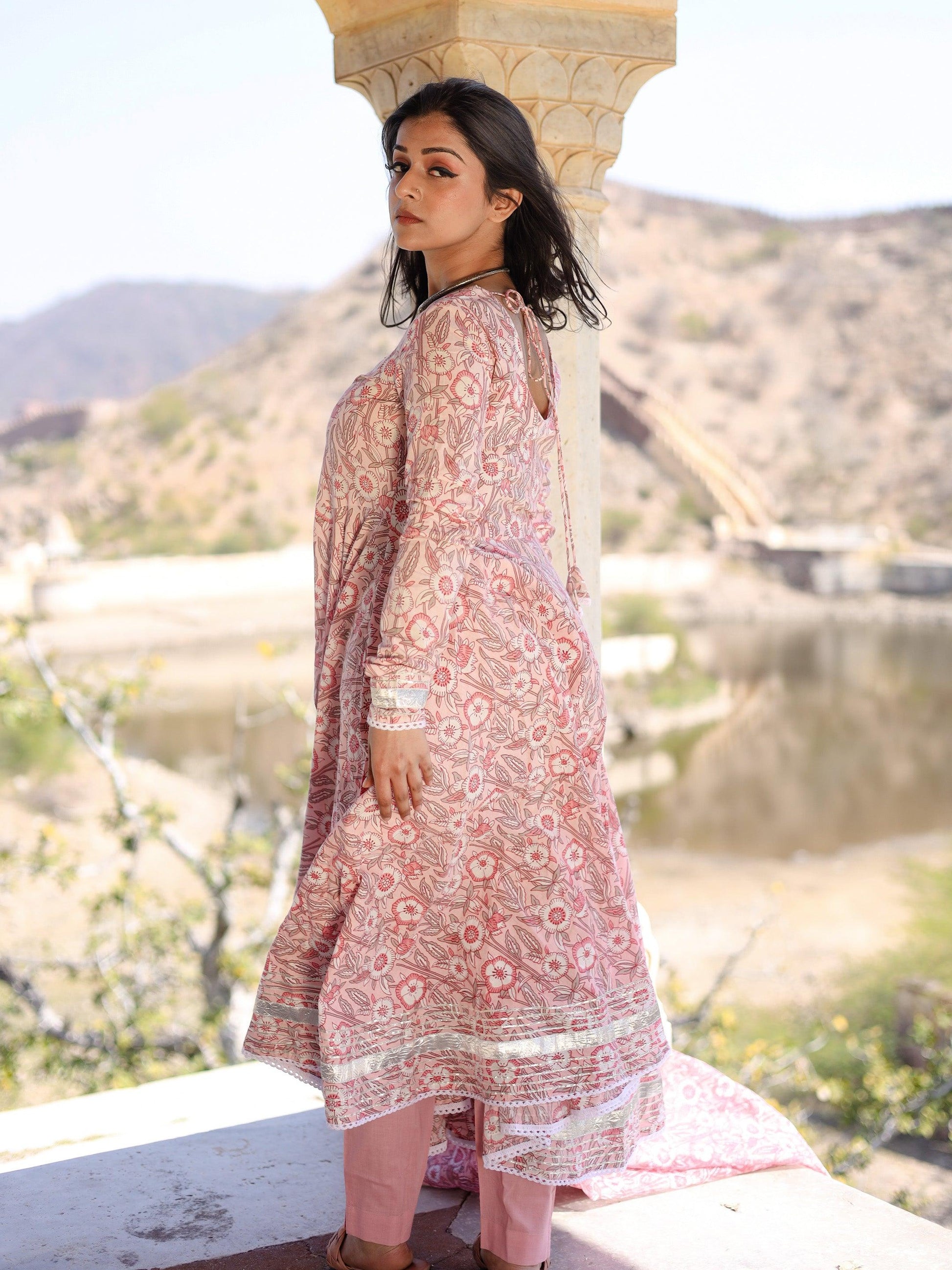  Baby Pink Cotton Anarkali Kurta Pant Set With Dupatta - world.com