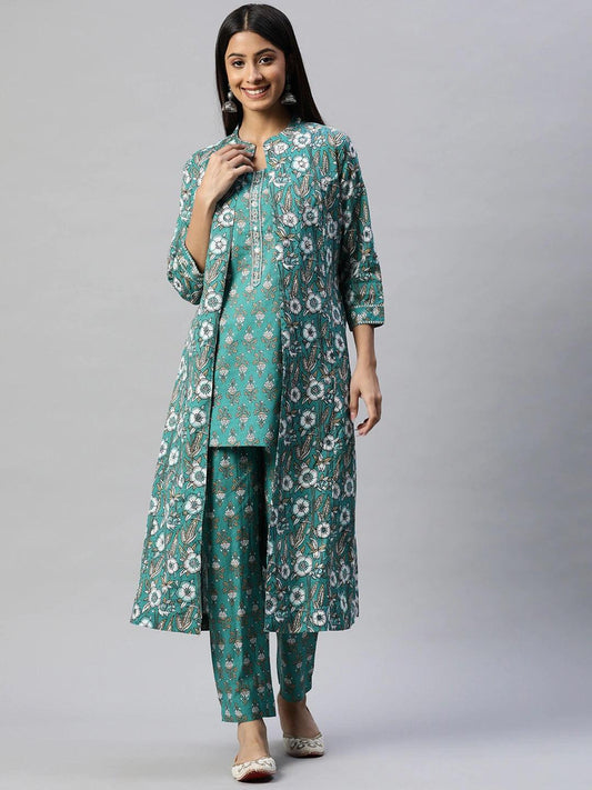  Green Cotton Floral Printed Three Piece Indowestern Kurta Pant Set with Jacket -  world
