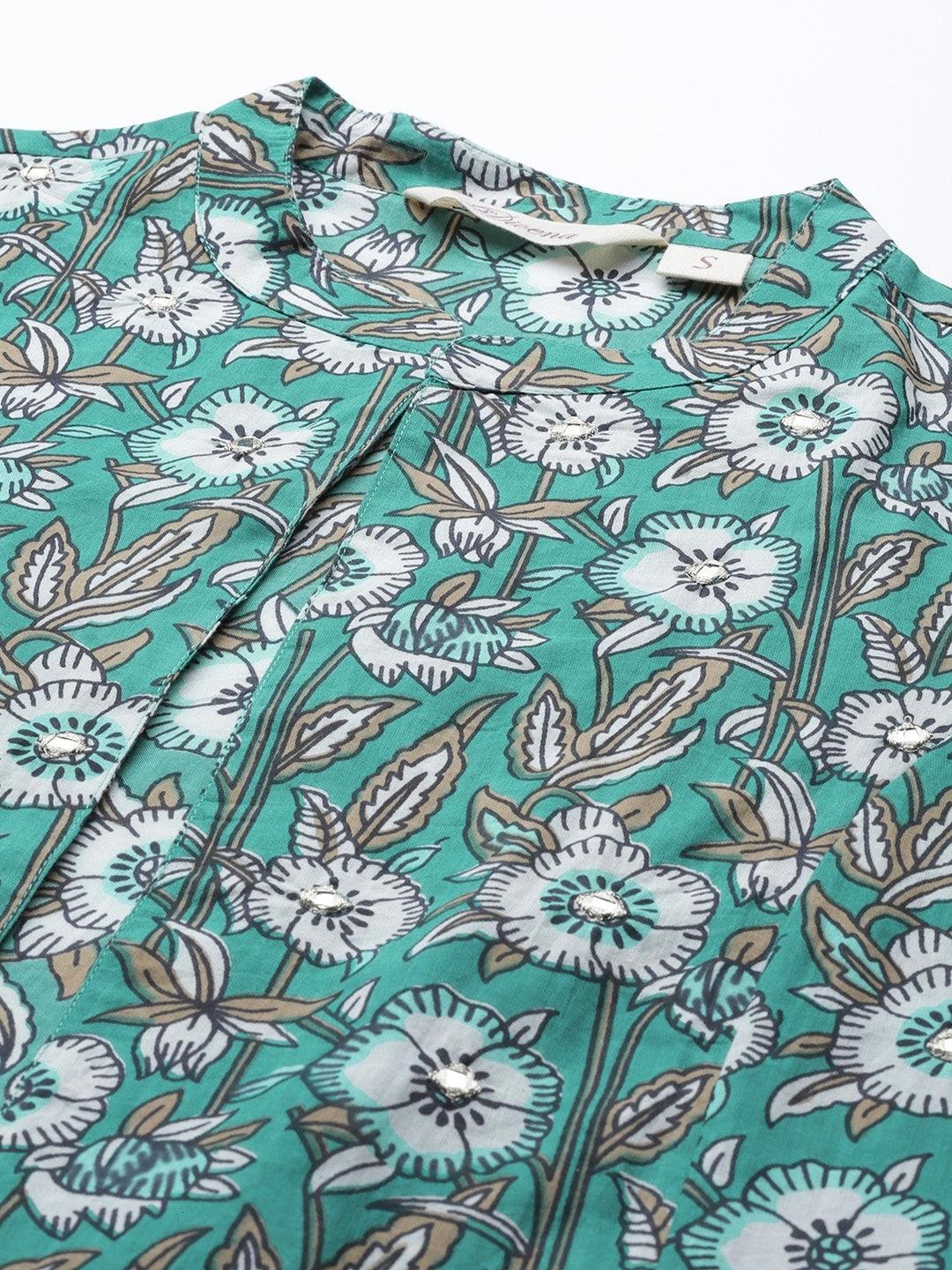  Green Cotton Floral Printed Three Piece Indowestern Kurta Pant Set with Jacket -  world