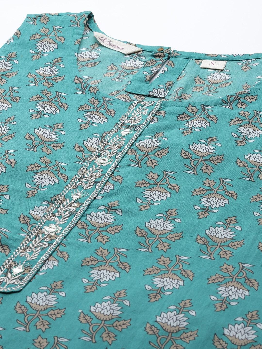  Green Cotton Floral Printed Three Piece Indowestern Kurta Pant Set with Jacket -  world
