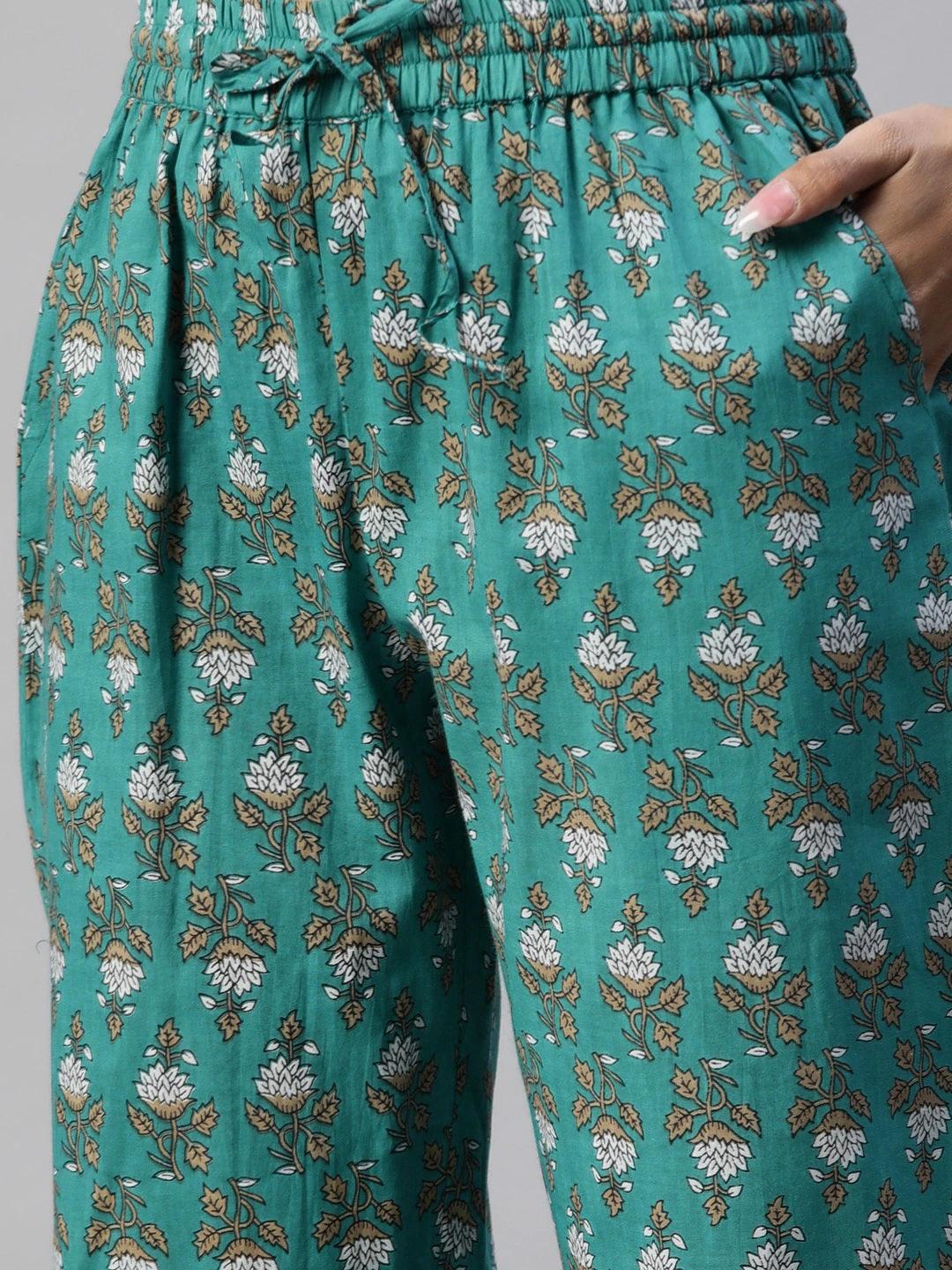  Green Cotton Floral Printed Three Piece Indowestern Kurta Pant Set with Jacket -  world