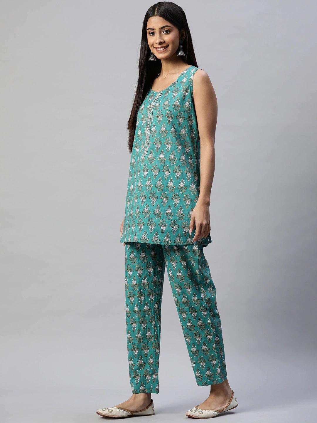  Green Cotton Floral Printed Three Piece Indowestern Kurta Pant Set with Jacket -  world