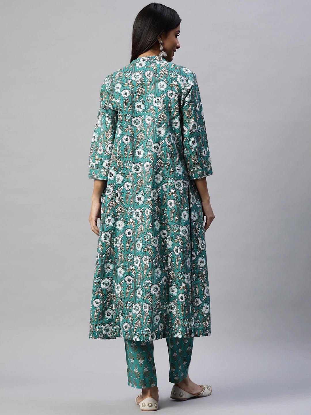  Green Cotton Floral Printed Three Piece Indowestern Kurta Pant Set with Jacket -  world