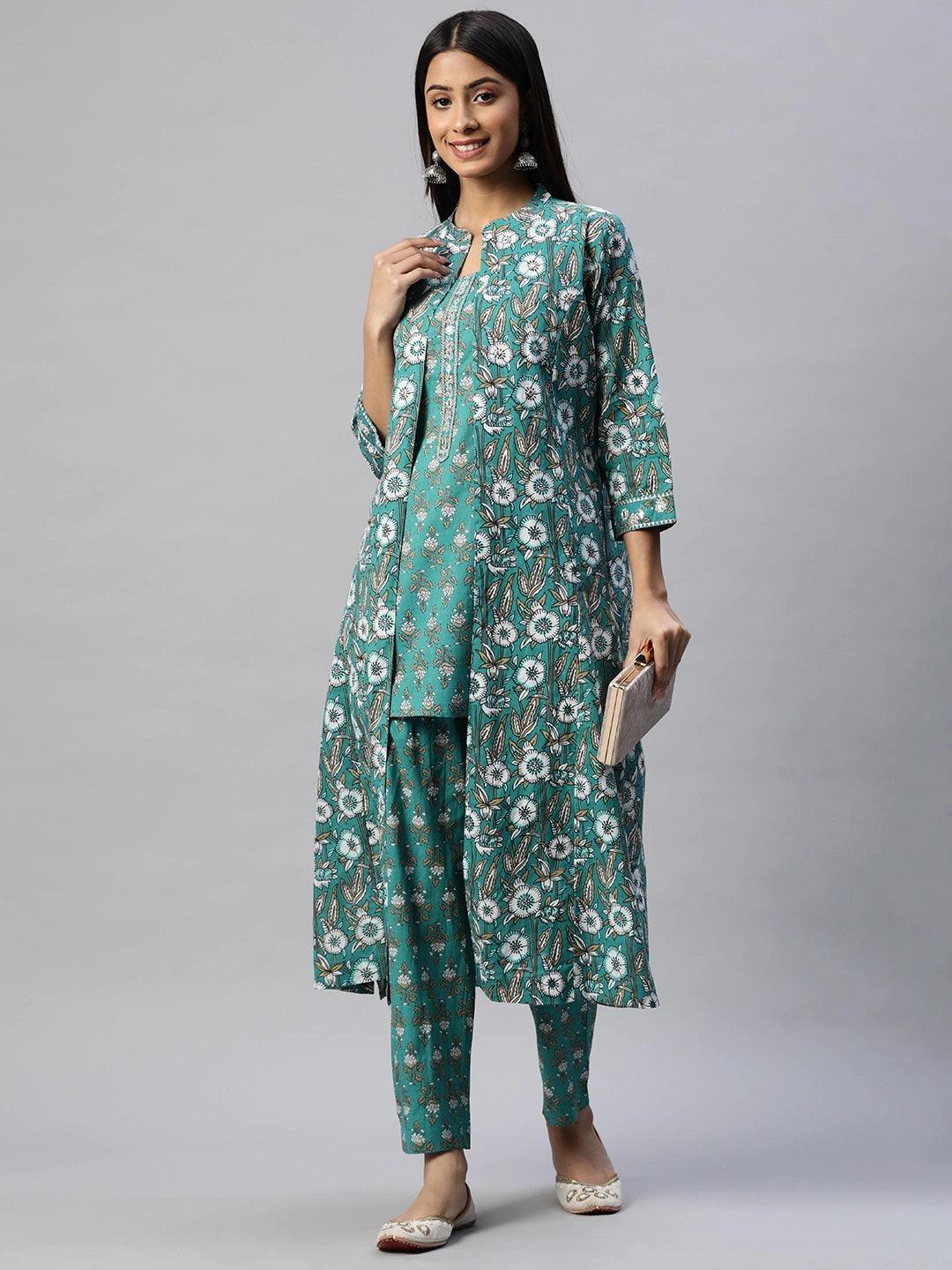  Green Cotton Floral Printed Three Piece Indowestern Kurta Pant Set with Jacket -  world
