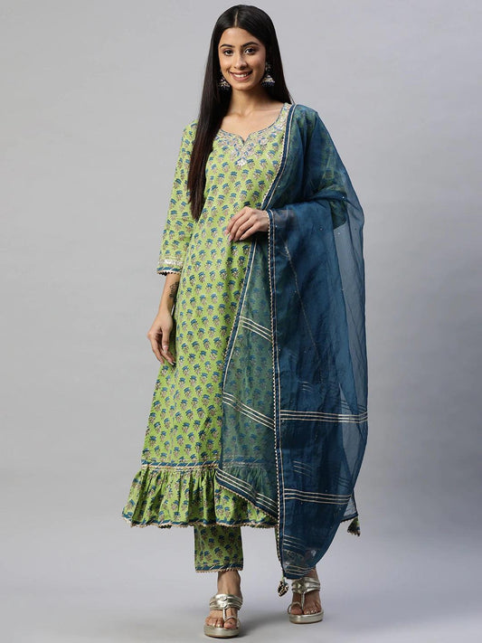 Green Cotton Hand Block Printed Kurta Pant set with Dupatta -  world