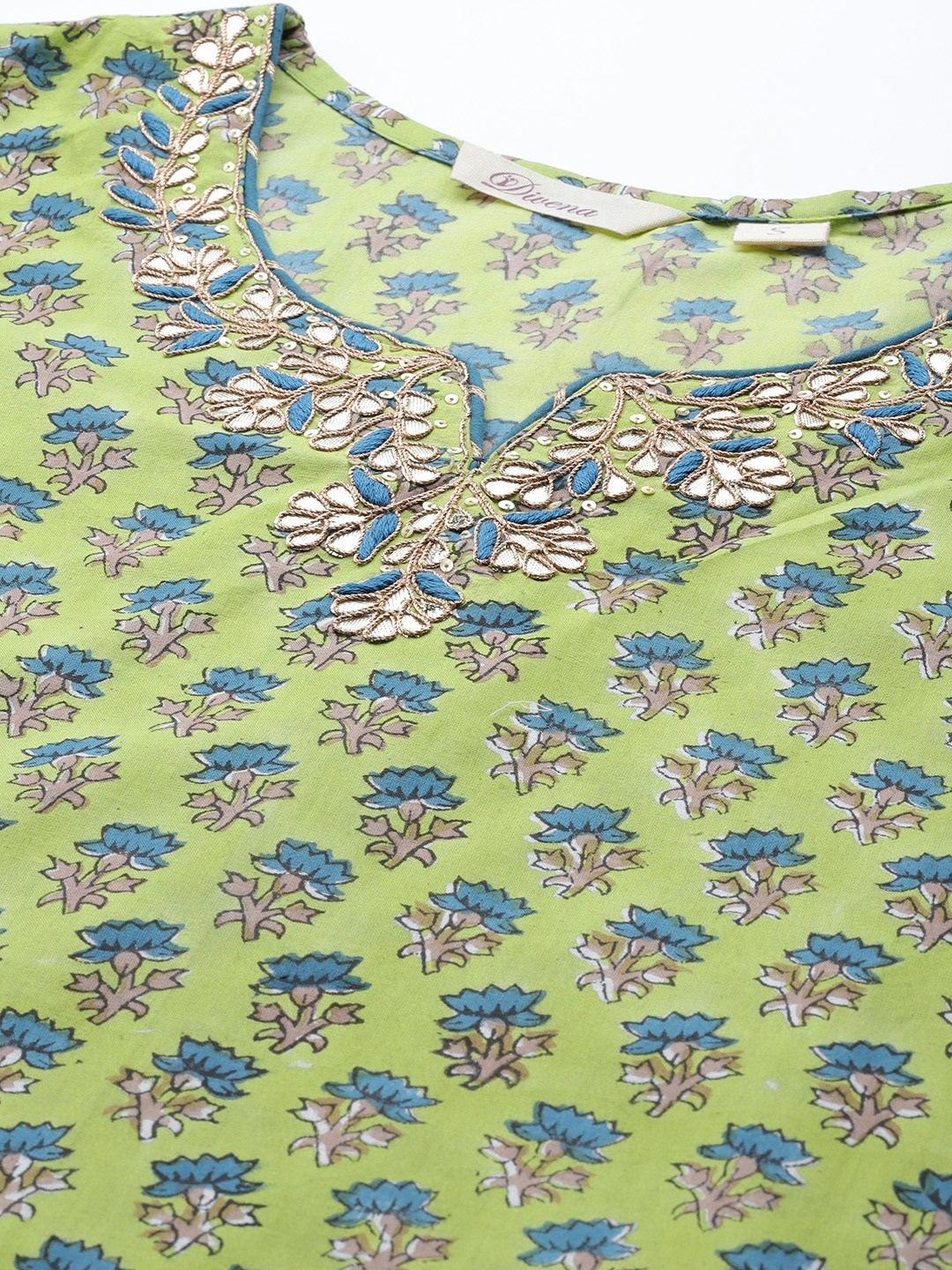  Green Cotton Hand Block Printed Kurta Pant set with Dupatta -  world