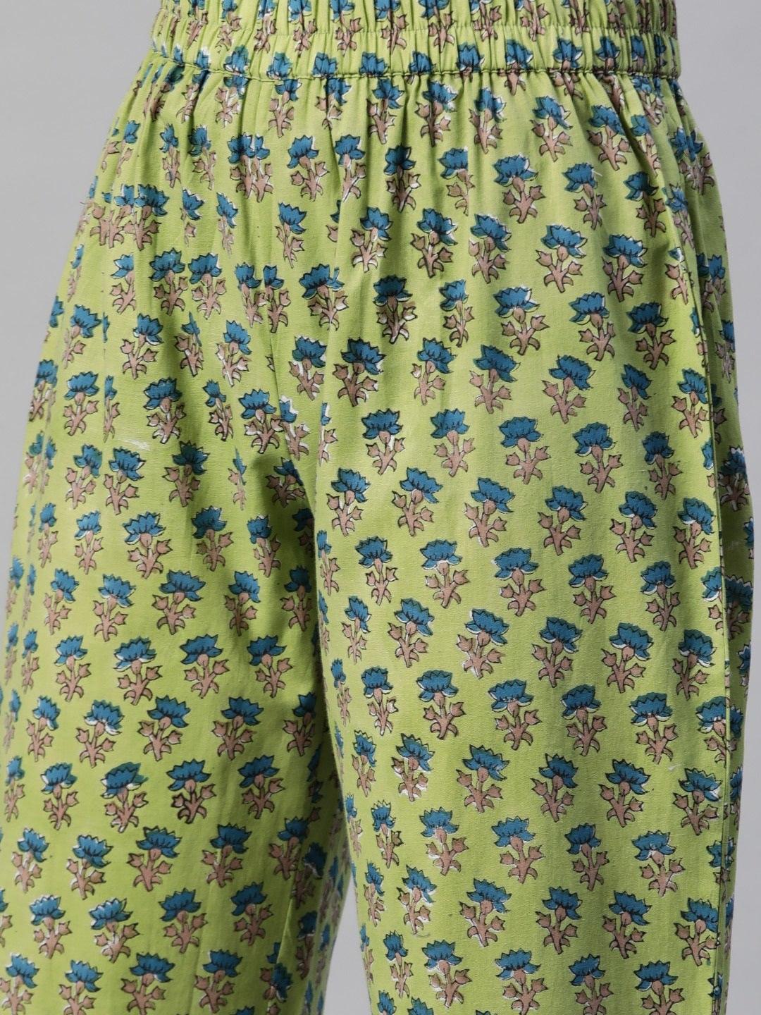  Green Cotton Hand Block Printed Kurta Pant set with Dupatta -  world