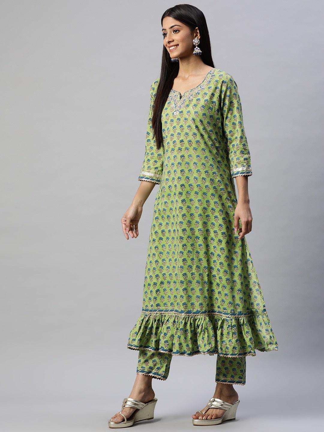  Green Cotton Hand Block Printed Kurta Pant set with Dupatta -  world