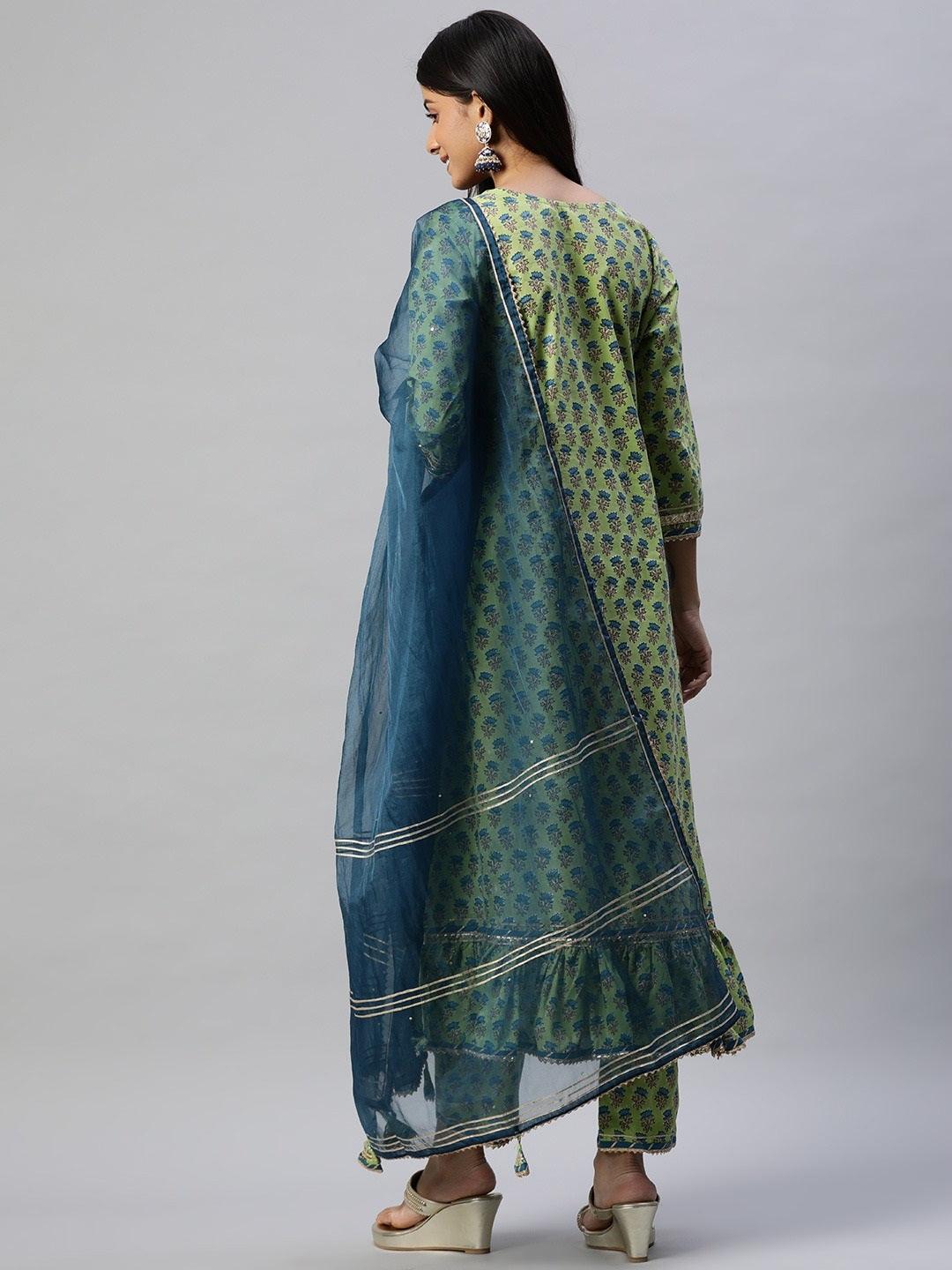  Green Cotton Hand Block Printed Kurta Pant set with Dupatta -  world
