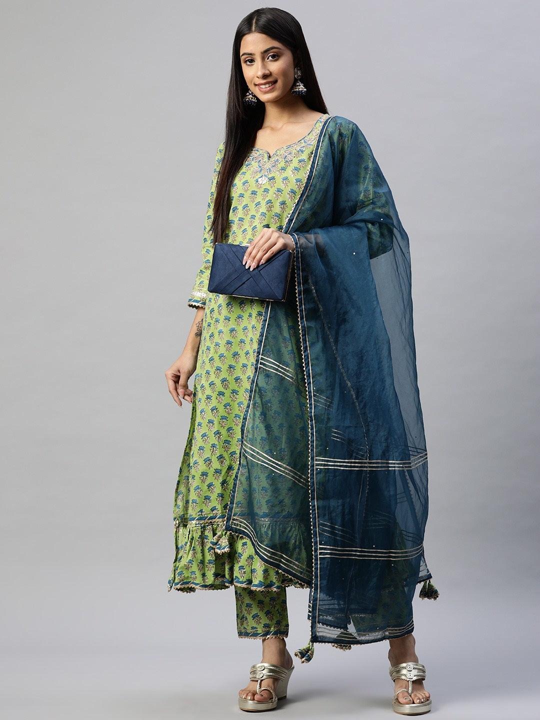  Green Cotton Hand Block Printed Kurta Pant set with Dupatta -  world
