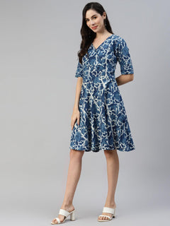 Indigo Hand Block Printed Short Dress