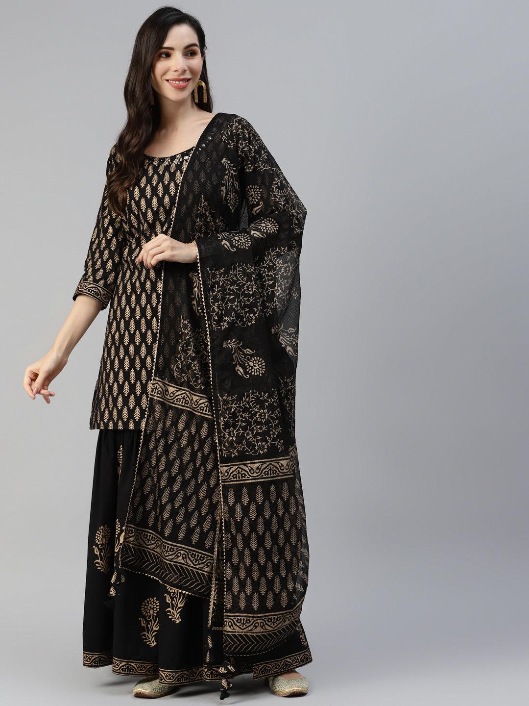  Black Gold Printed Cotton Kurta Sharara Set with Dupatta -  world