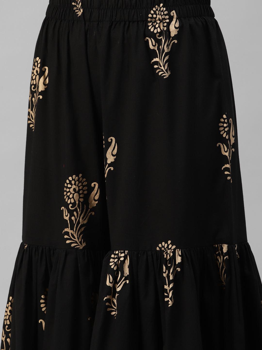  Black Gold Printed Cotton Kurta Sharara Set with Dupatta -  world