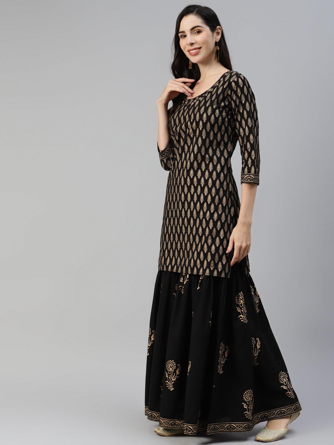  Black Gold Printed Cotton Kurta Sharara Set with Dupatta -  world
