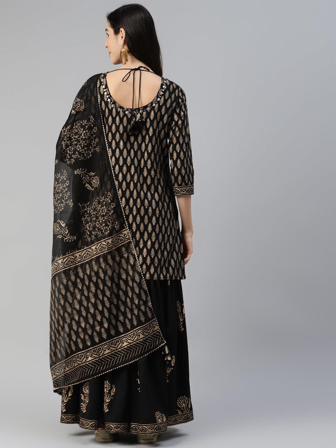  Black Gold Printed Cotton Kurta Sharara Set with Dupatta -  world