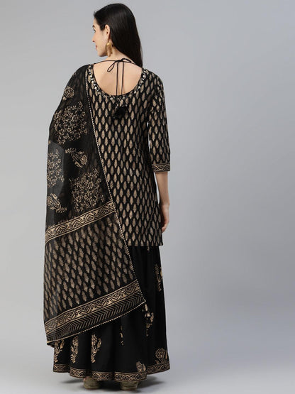  Black Gold Printed Cotton Kurta Sharara Set with Dupatta -  world