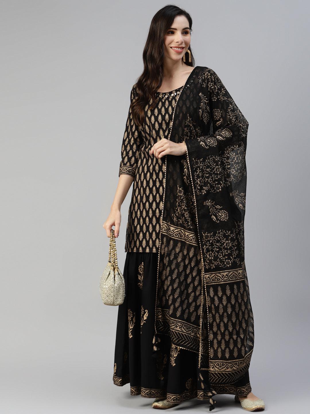  Black Gold Printed Cotton Kurta Sharara Set with Dupatta -  world