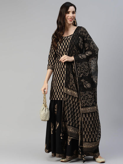  Black Gold Printed Cotton Kurta Sharara Set with Dupatta -  world