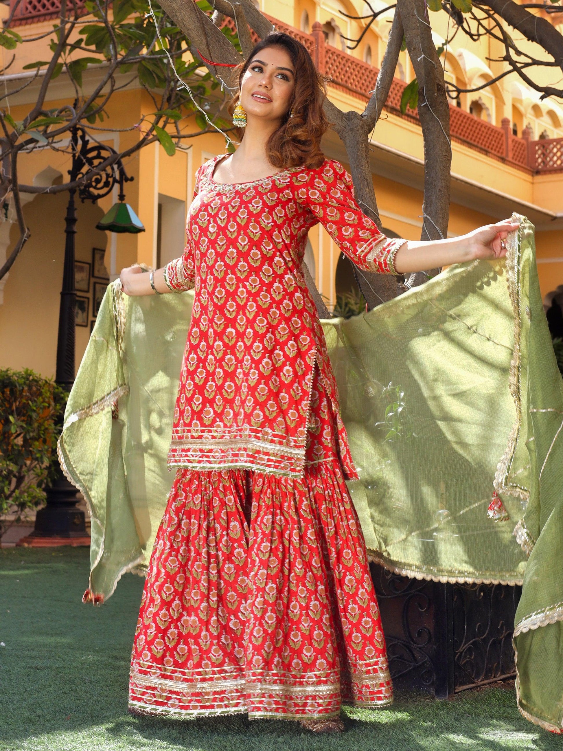  Red Cotton Dabu Printed Kurta Sharara Set with Kota Doria Dupatta - world.com