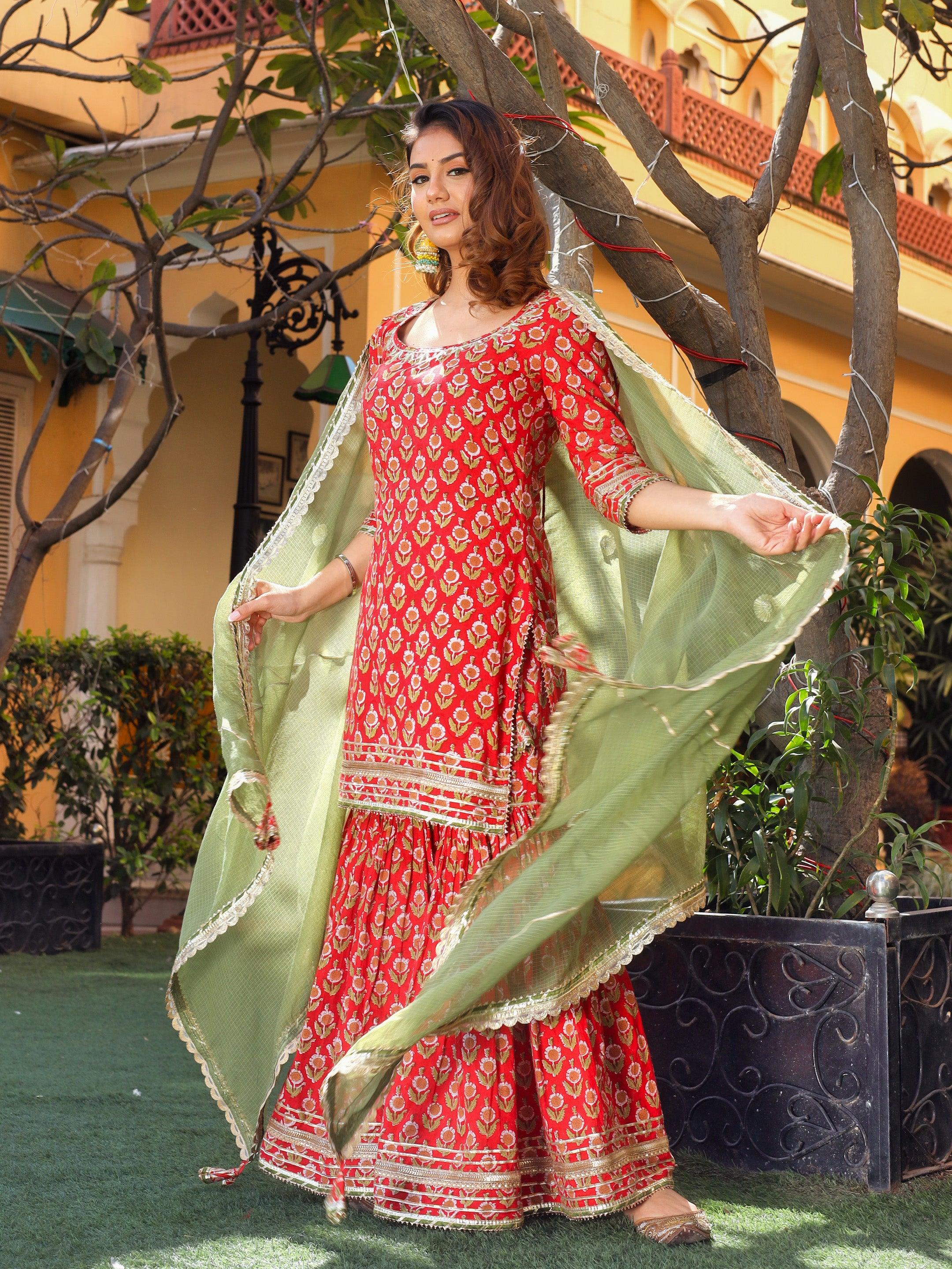  Red Cotton Dabu Printed Kurta Sharara Set with Kota Doria Dupatta - world.com