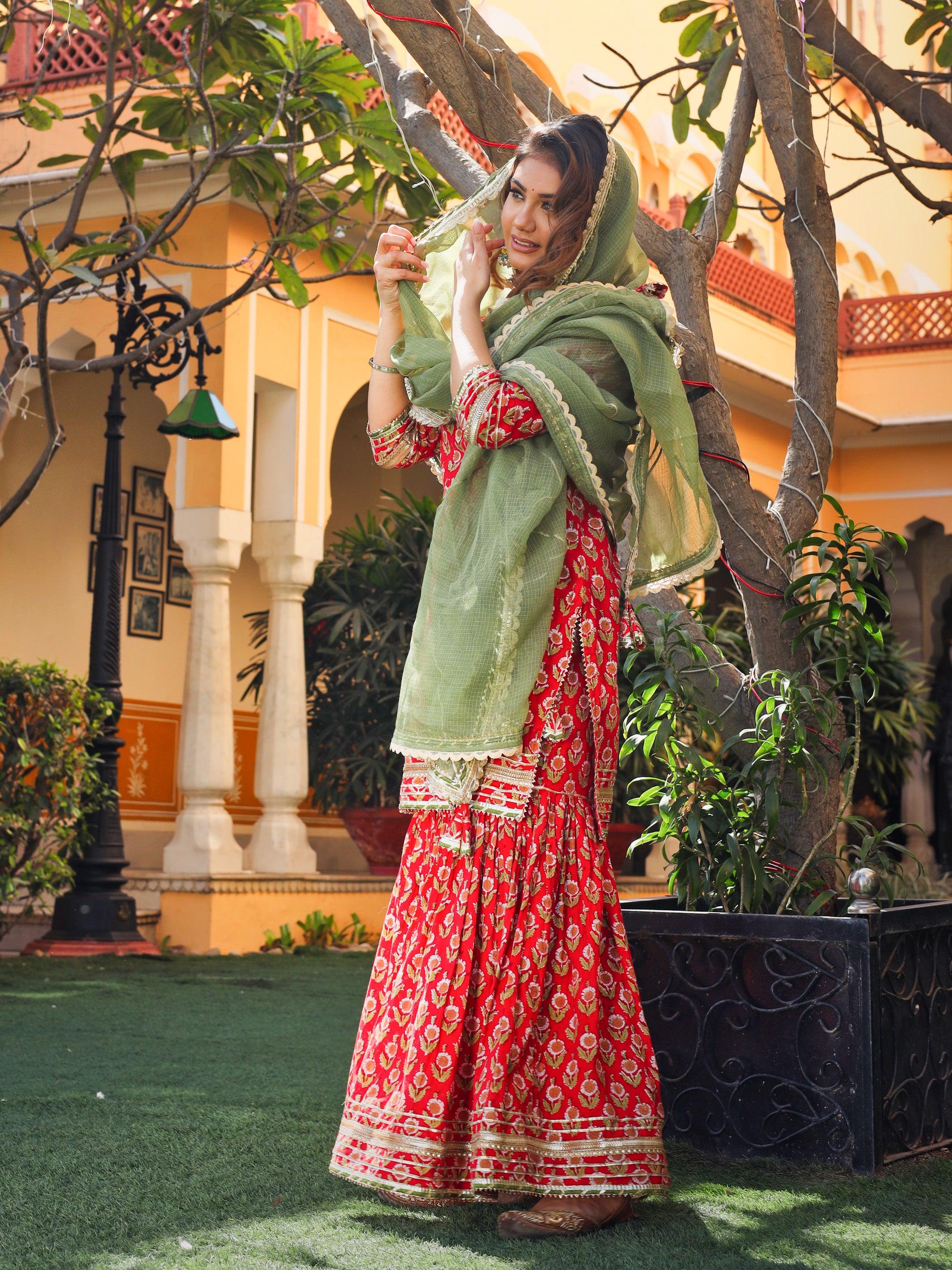  Red Cotton Dabu Printed Kurta Sharara Set with Kota Doria Dupatta - world.com