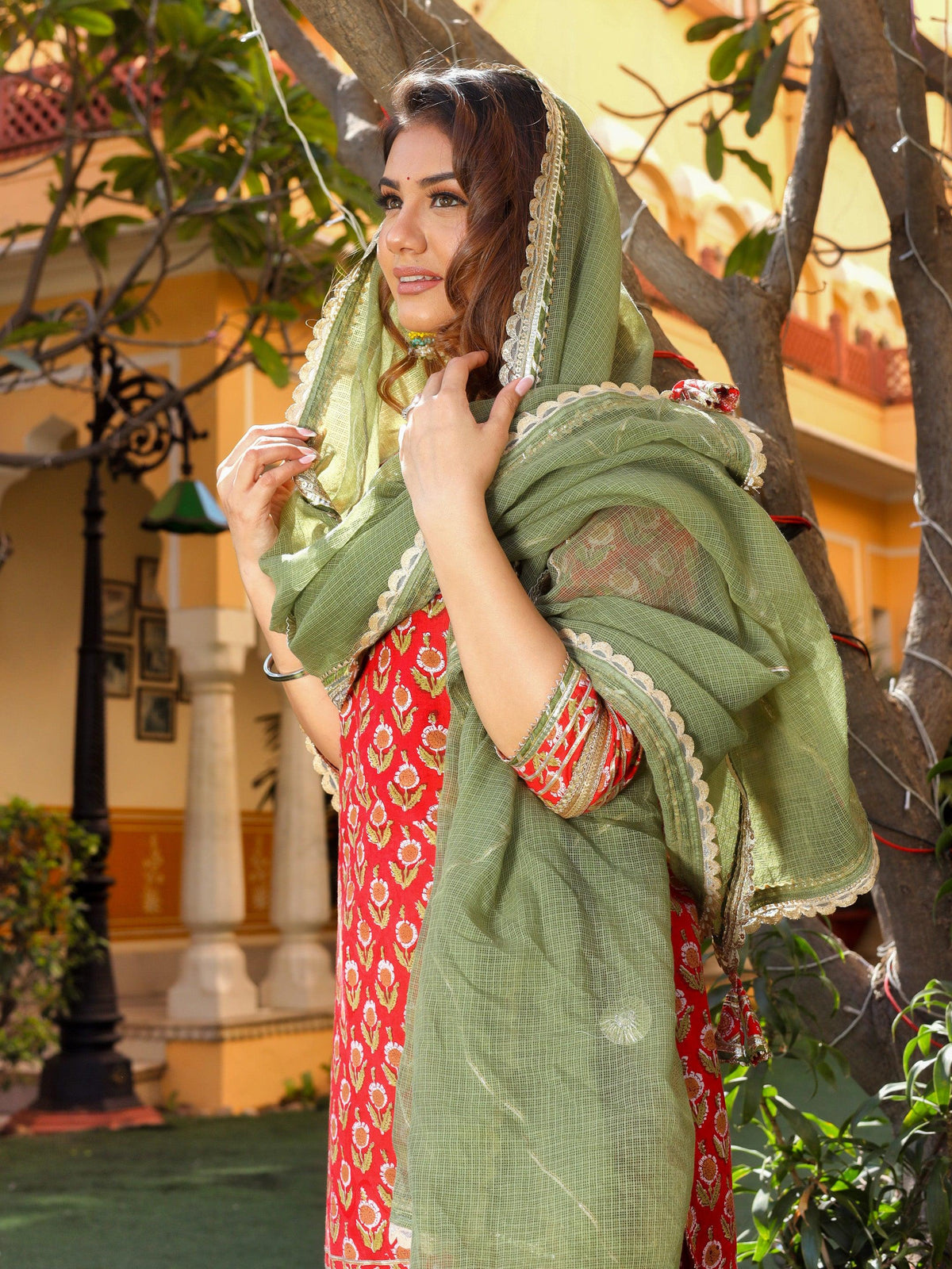  Red Cotton Dabu Printed Kurta Sharara Set with Kota Doria Dupatta - world.com
