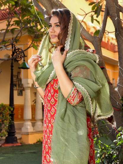  Red Cotton Dabu Printed Kurta Sharara Set with Kota Doria Dupatta - world.com