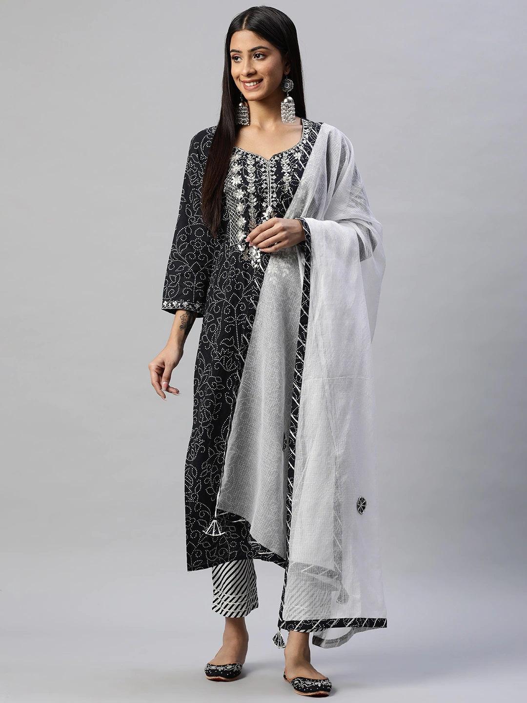  Black and White Cotton Kurta Pant Set With Dupatta -  world