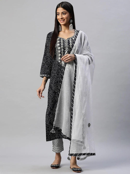  Black and White Cotton Kurta Pant Set With Dupatta -  world