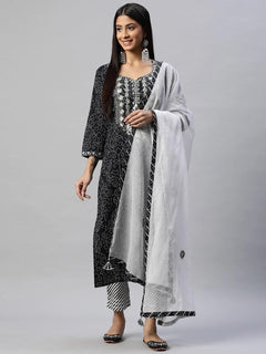 Black and White Cotton Kurta Pant Set With Dupatta