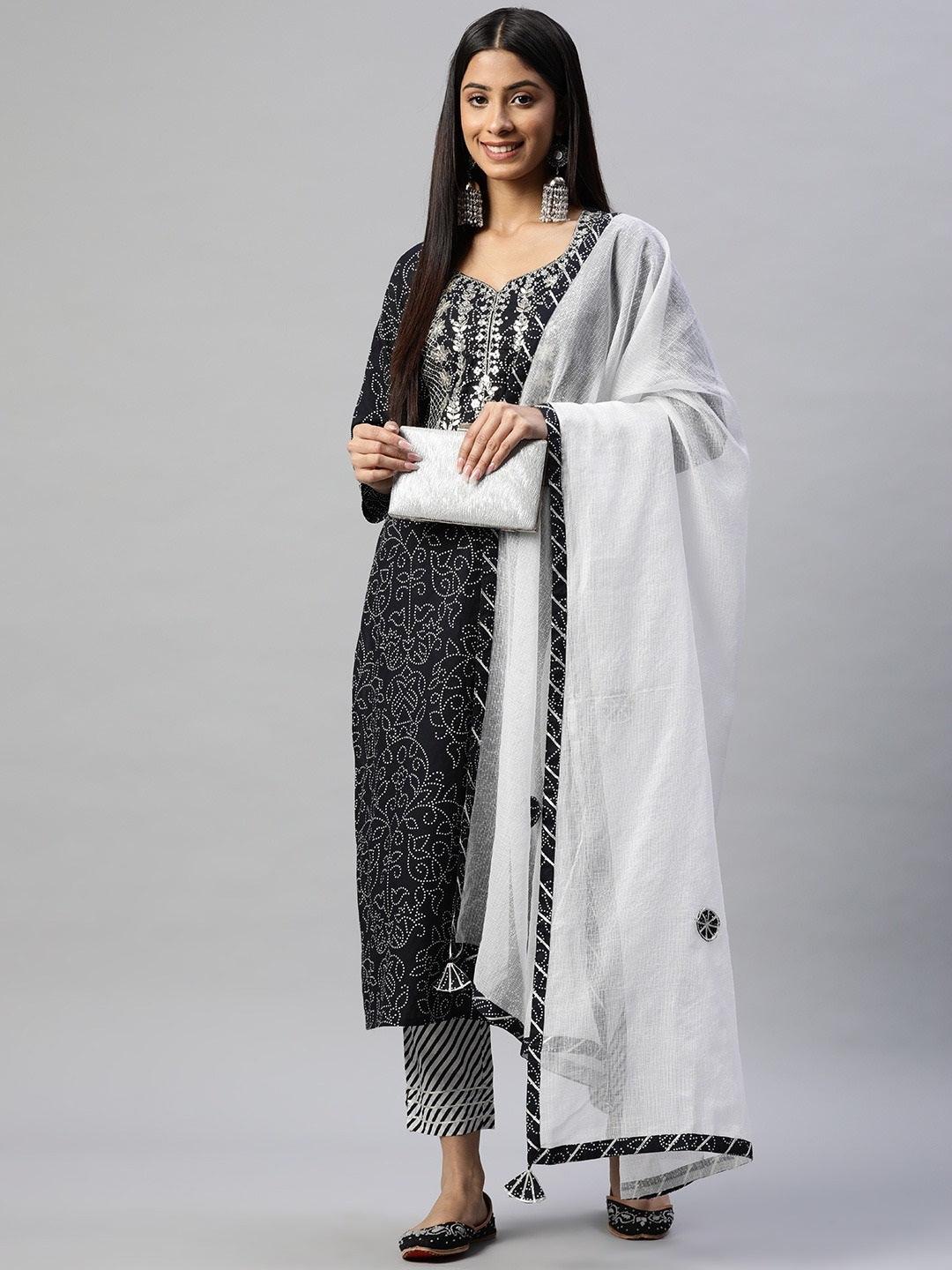  Black and White Cotton Kurta Pant Set With Dupatta -  world