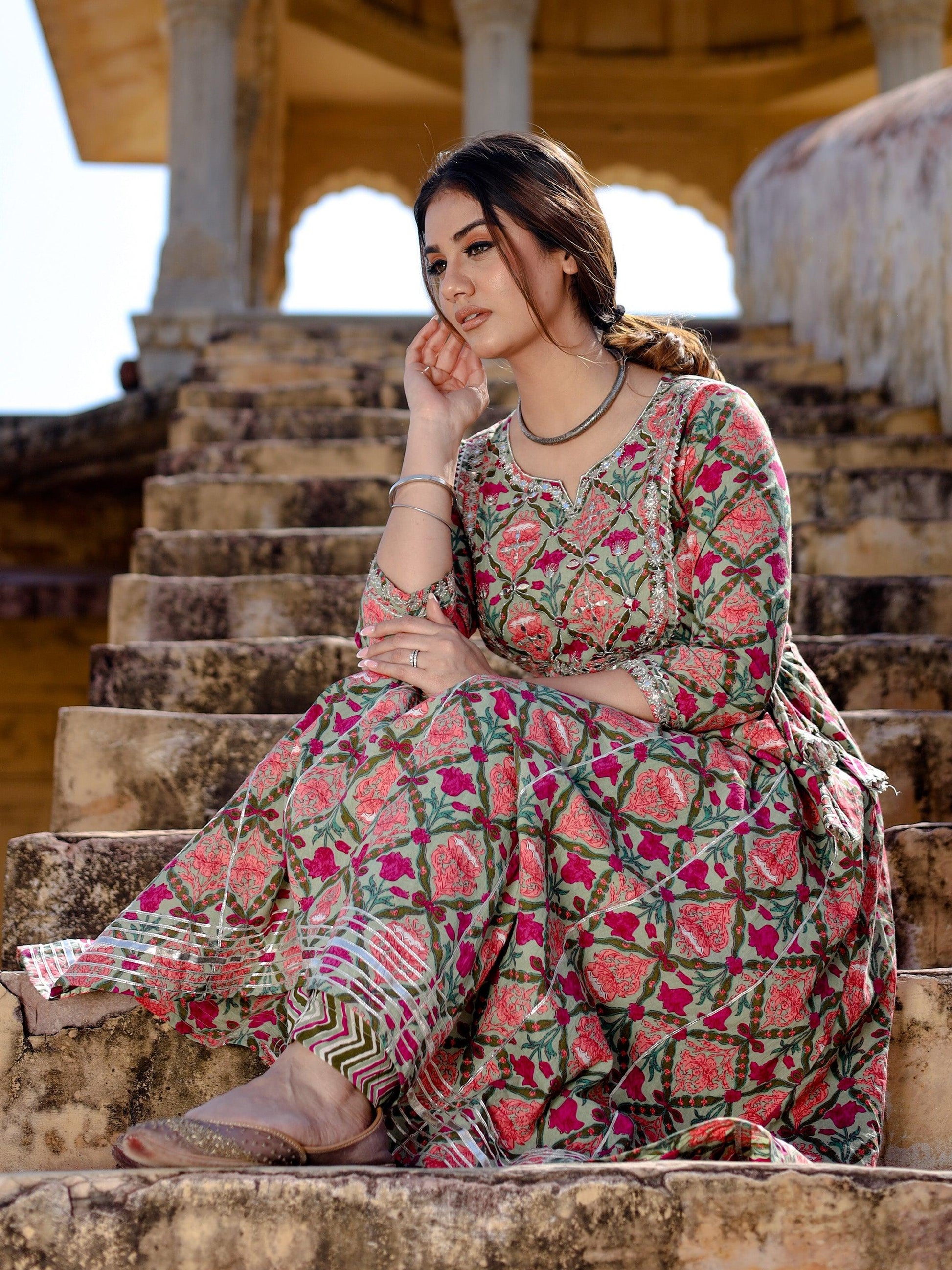  Green Floral Printed Anarkali Kurta Pant Sets - world.com