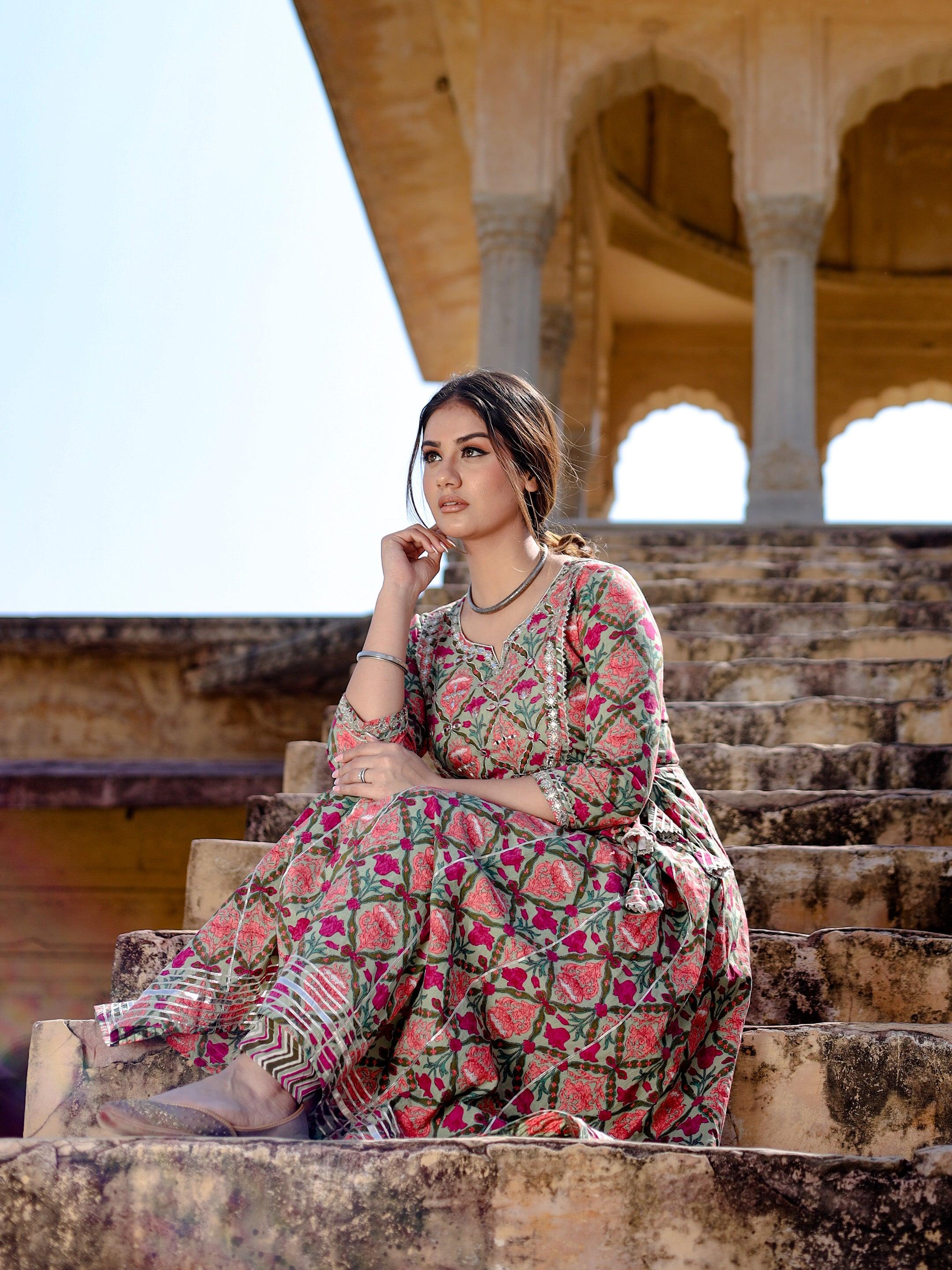  Green Floral Printed Anarkali Kurta Pant Sets - world.com