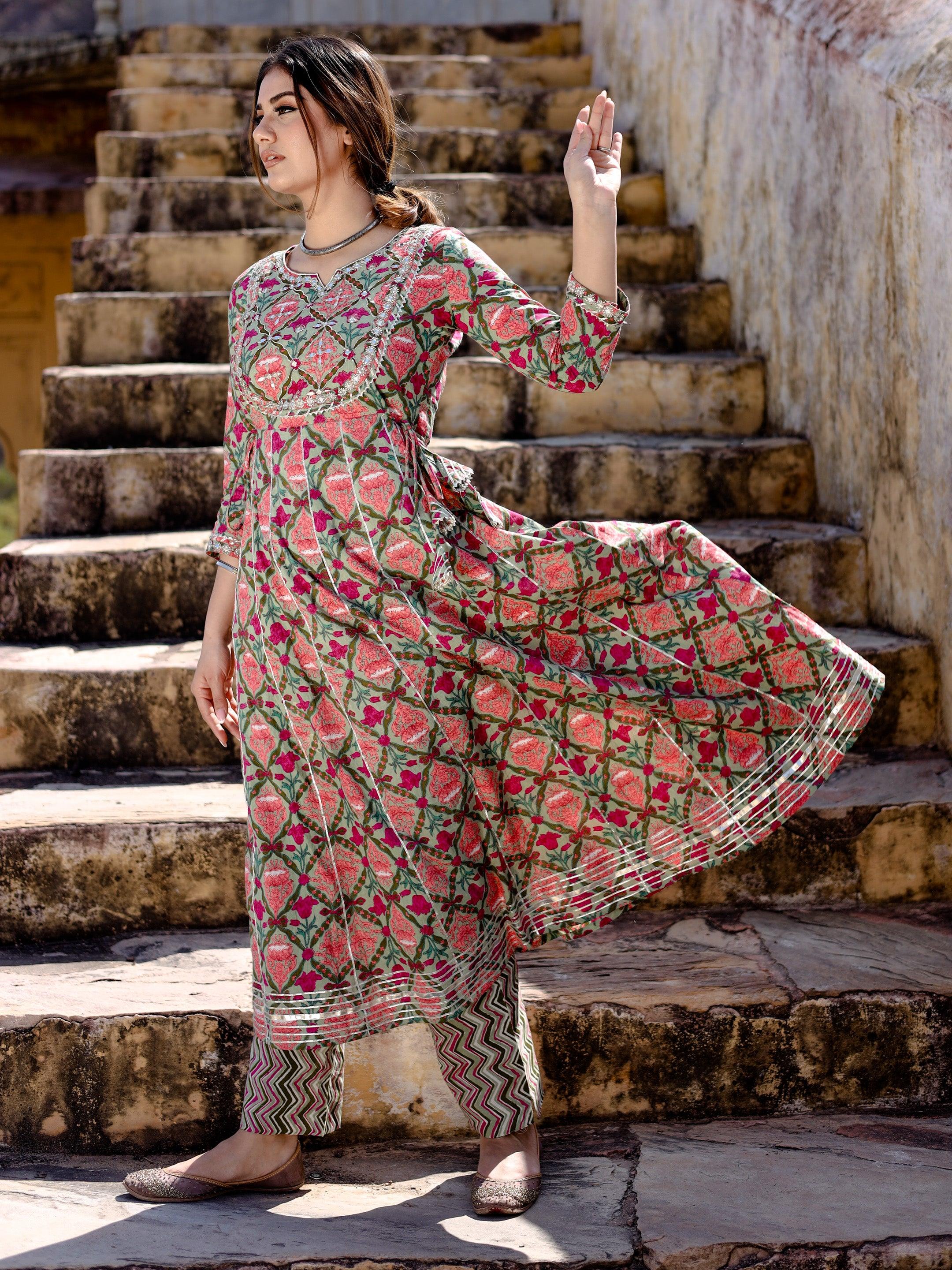  Green Floral Printed Anarkali Kurta Pant Sets - world.com