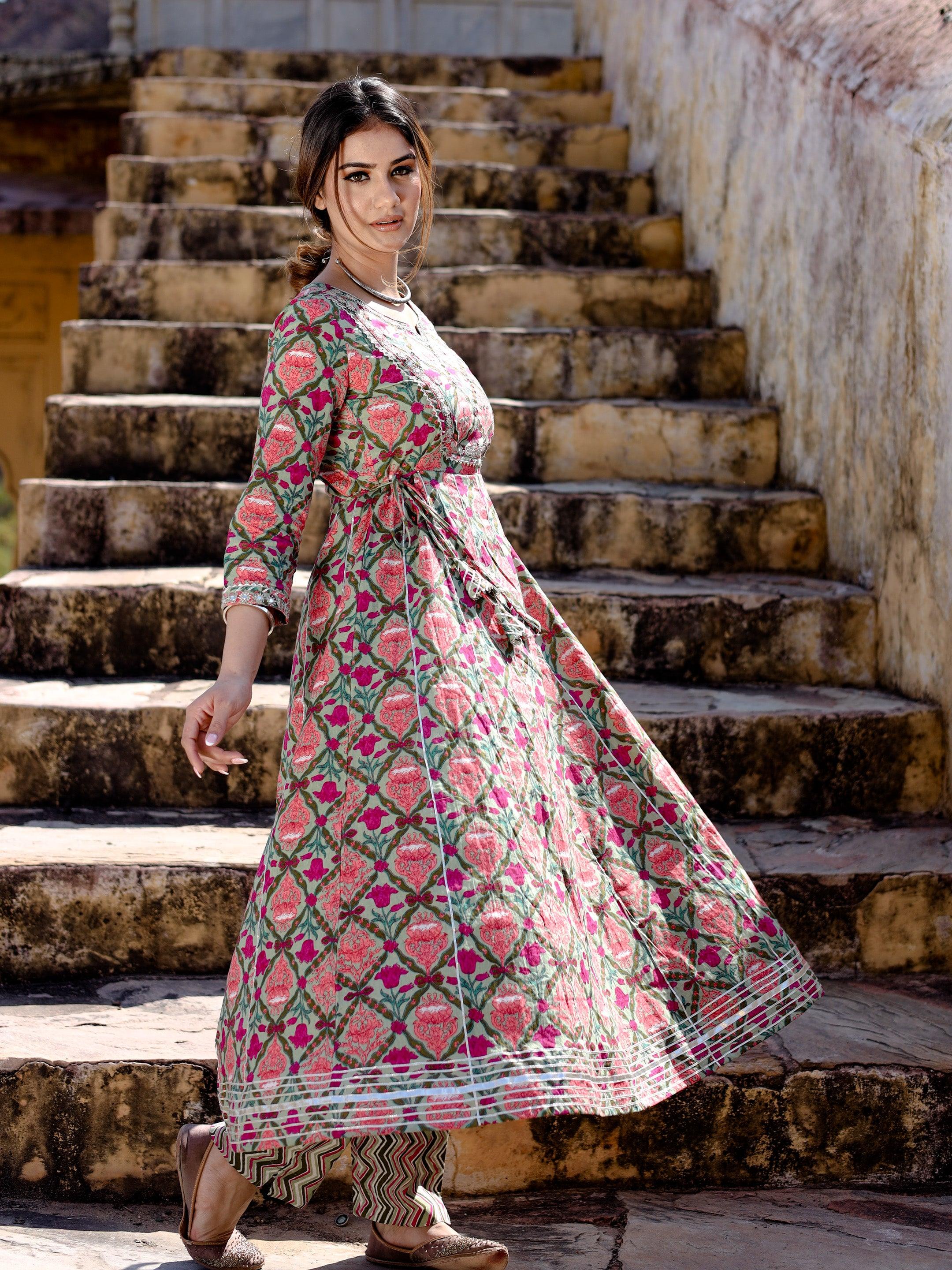  Green Floral Printed Anarkali Kurta Pant Sets - world.com