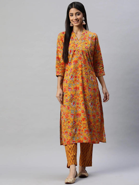  Mustard Cotton Floral Printed Kurta Pant Set -  world