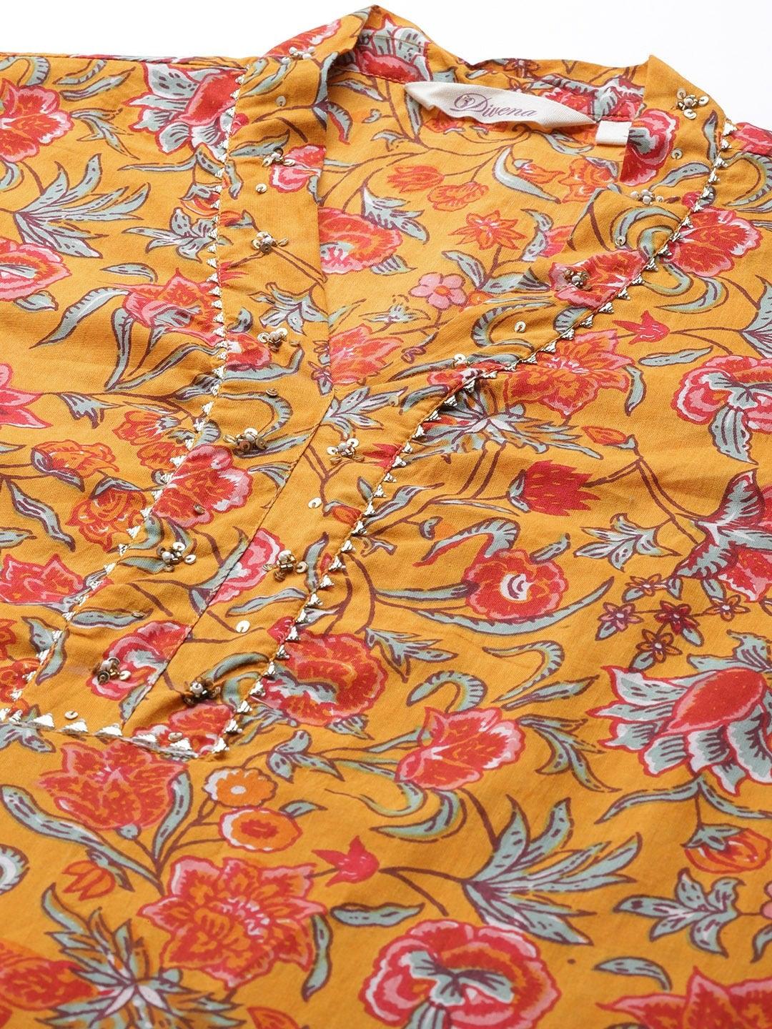  Mustard Cotton Floral Printed Kurta Pant Set -  world