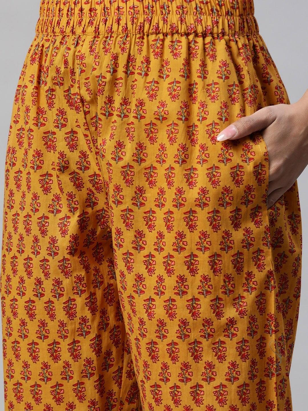  Mustard Cotton Floral Printed Kurta Pant Set -  world