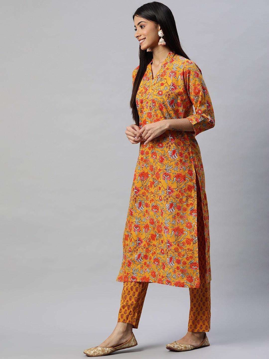  Mustard Cotton Floral Printed Kurta Pant Set -  world