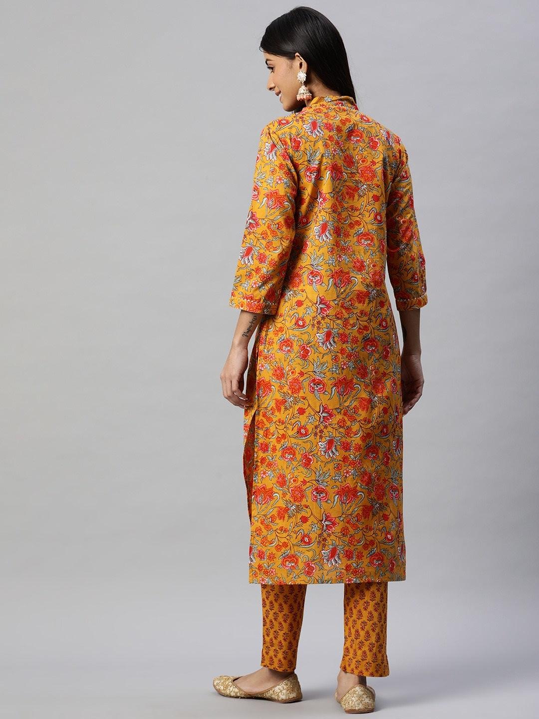  Mustard Cotton Floral Printed Kurta Pant Set -  world