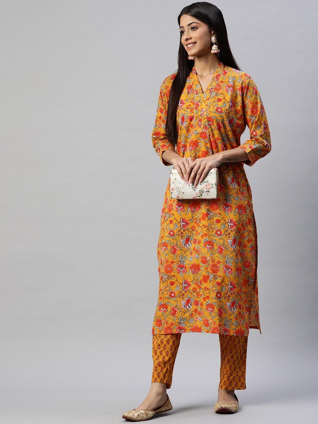  Mustard Cotton Floral Printed Kurta Pant Set -  world