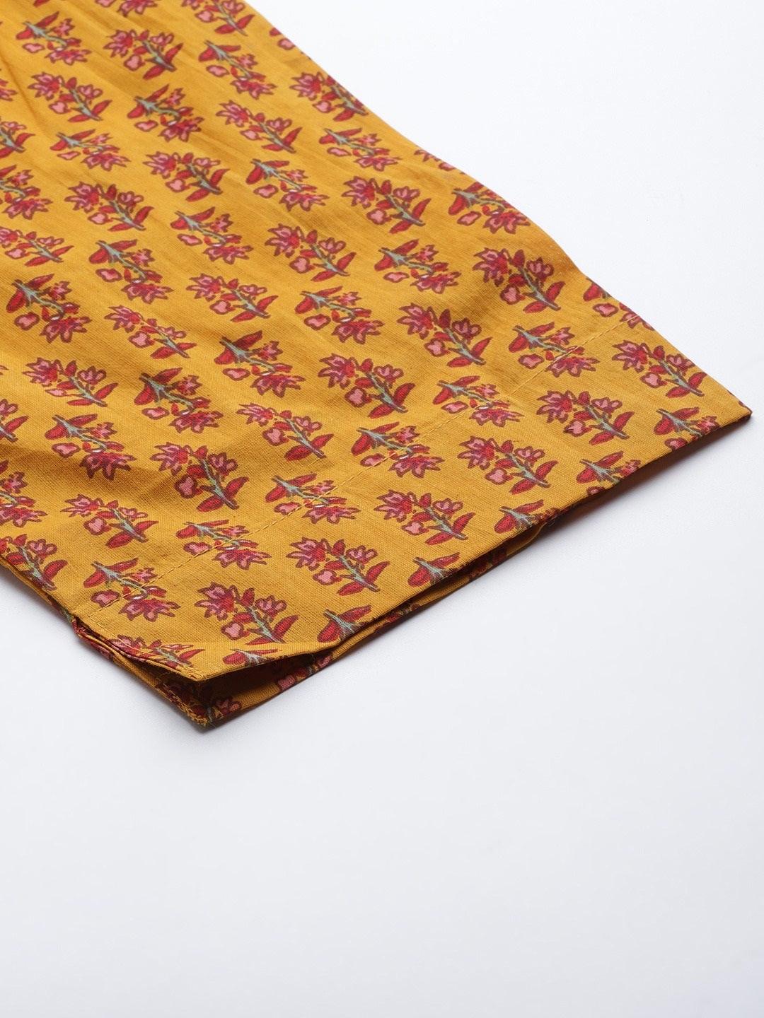  Mustard Cotton Floral Printed Kurta Pant Set -  world