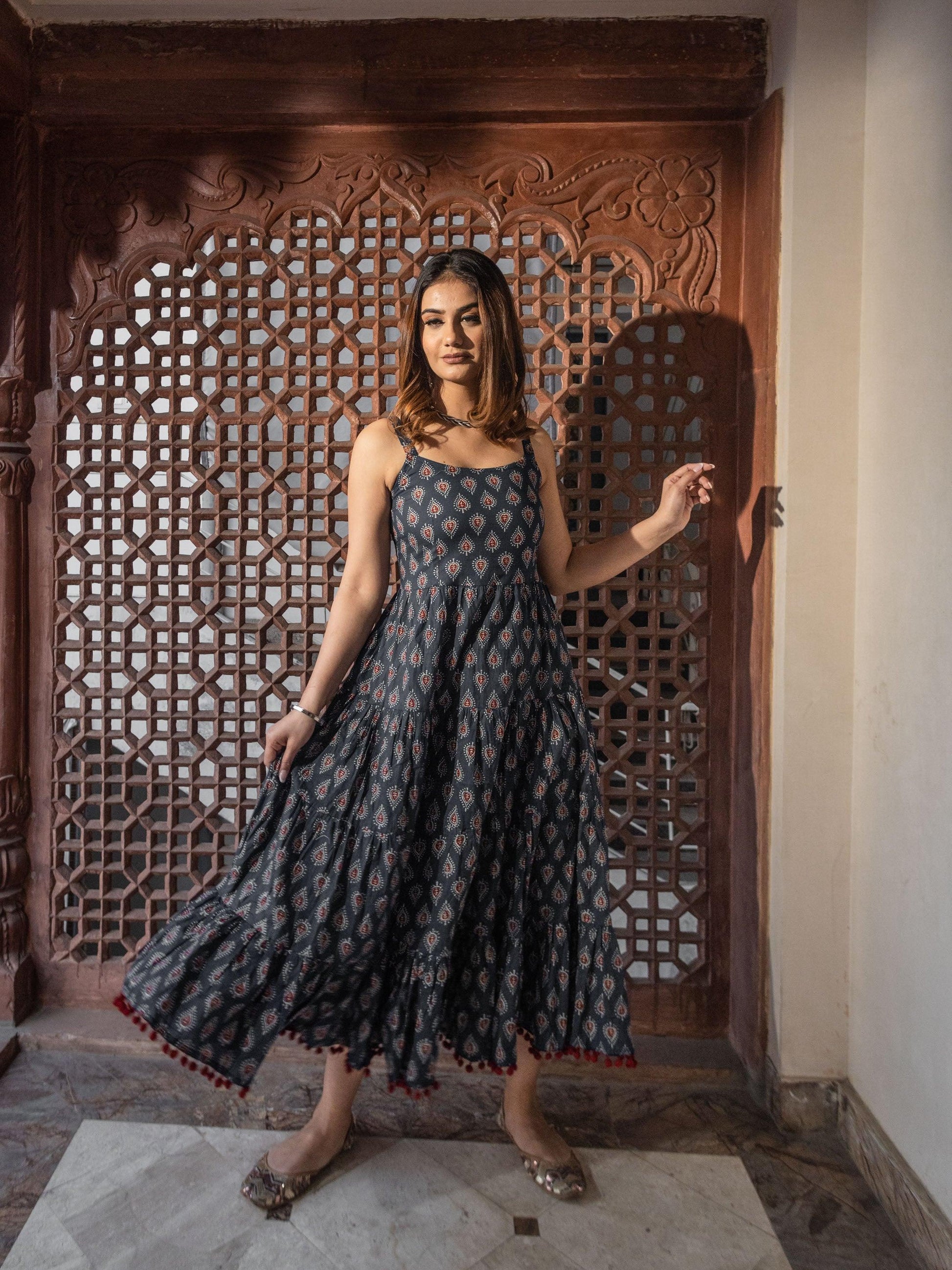  Navy Blue Buti Printed Shoulder Strip Long dress - world.com