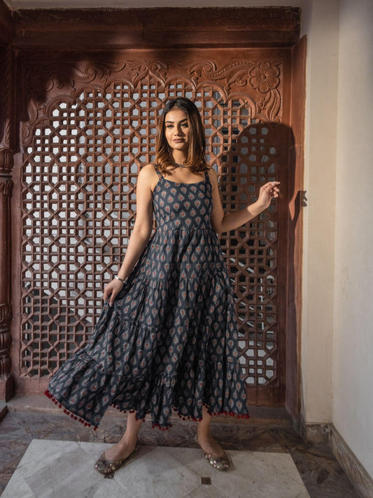  Navy Blue Buti Printed Shoulder Strip Long dress - world.com