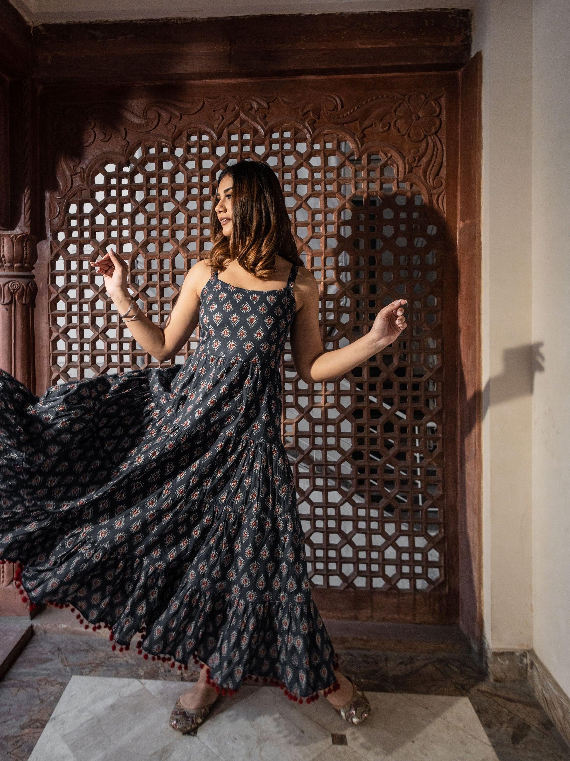  Navy Blue Buti Printed Shoulder Strip Long dress - world.com