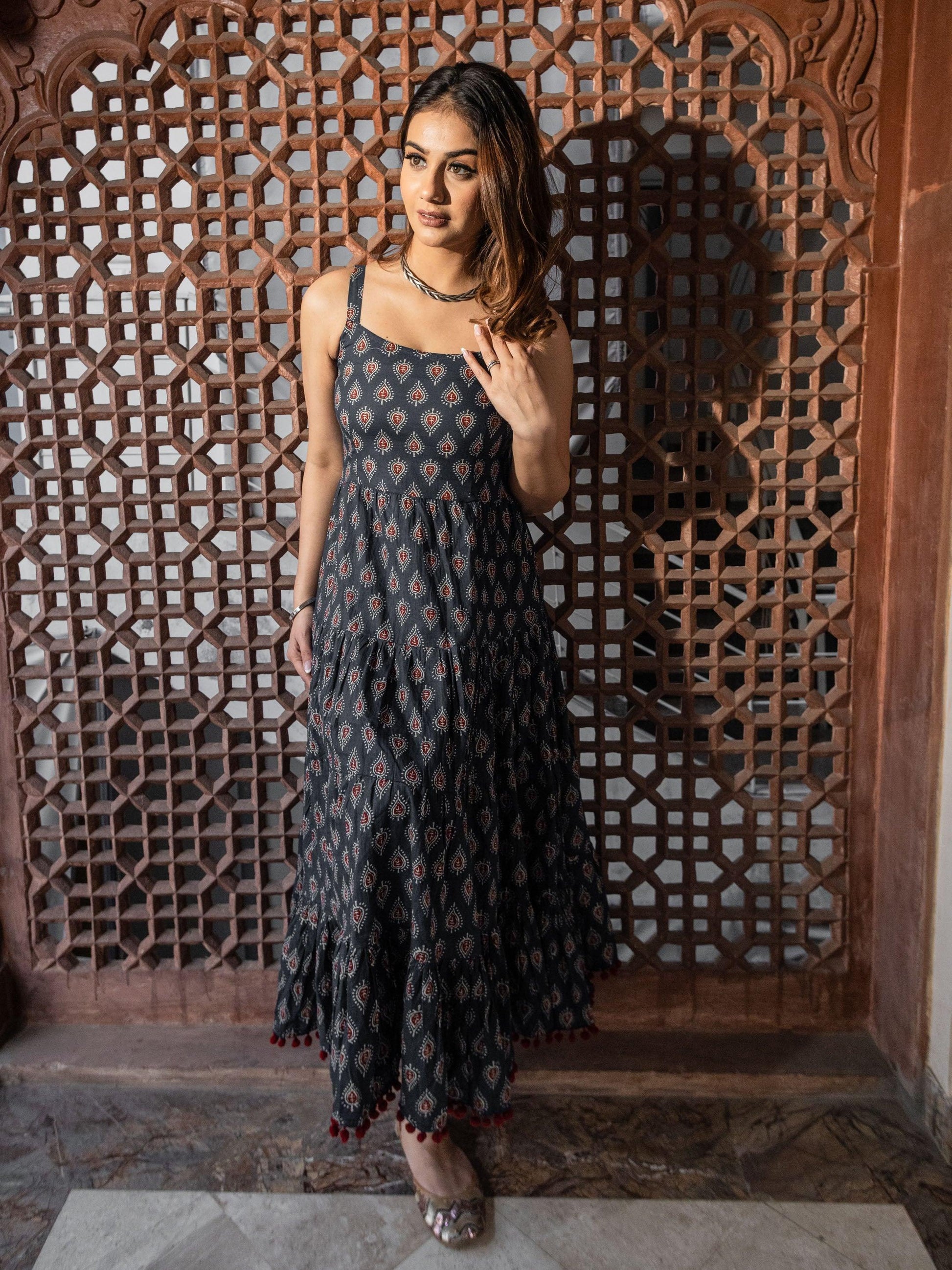  Navy Blue Buti Printed Shoulder Strip Long dress - world.com